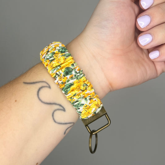 Summery Yellow Floral Scrunchie Wristlet Keychain