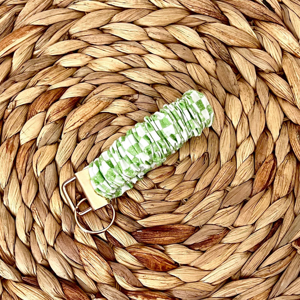 Light Green Checkered Scrunchie Wristlet Keychain